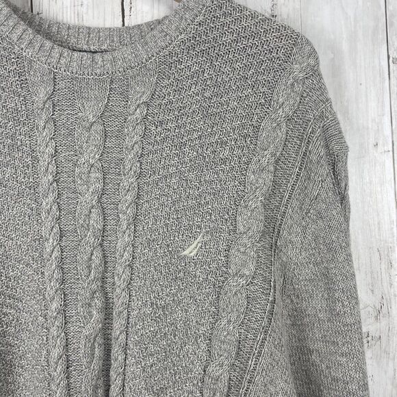 Nautica Mens Cable Knit Sweater Sz L Gray Crew Fisherman Sailing Preppy Casual - Picture 2 of 9